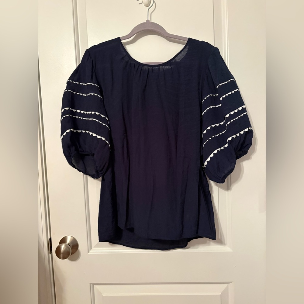 Sharagano Navy Blouse with Puff Sleeves